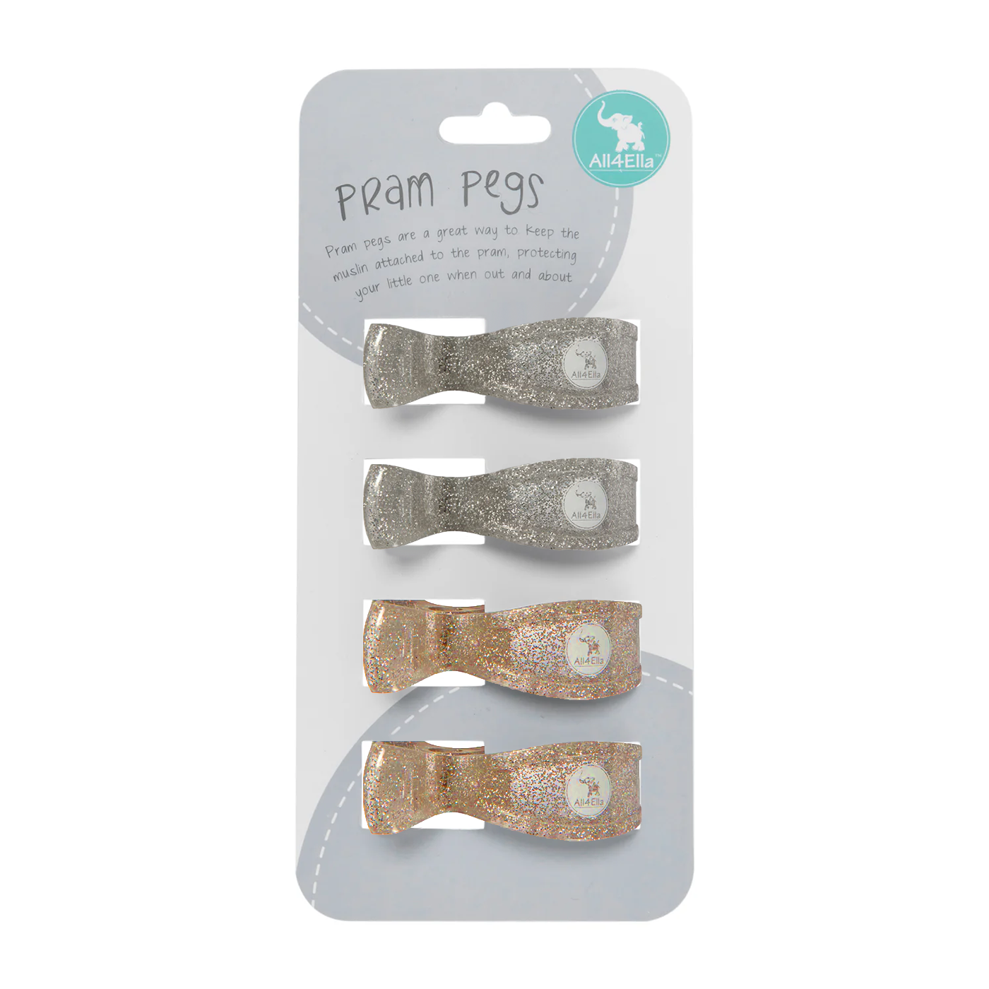 Pram Pegs 4 Pack - Silver/Gold Glitter