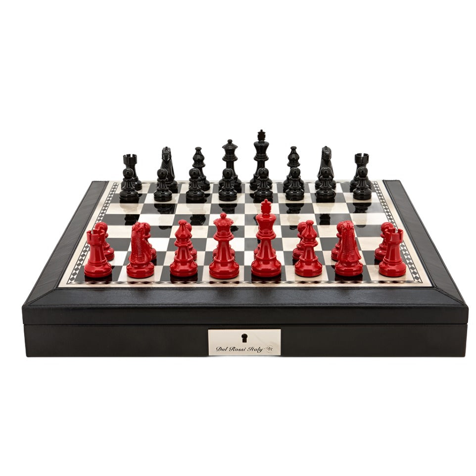 Black Bevilled Edge Chess Set -18" with French Lardy Black & Red 85mm chessmen