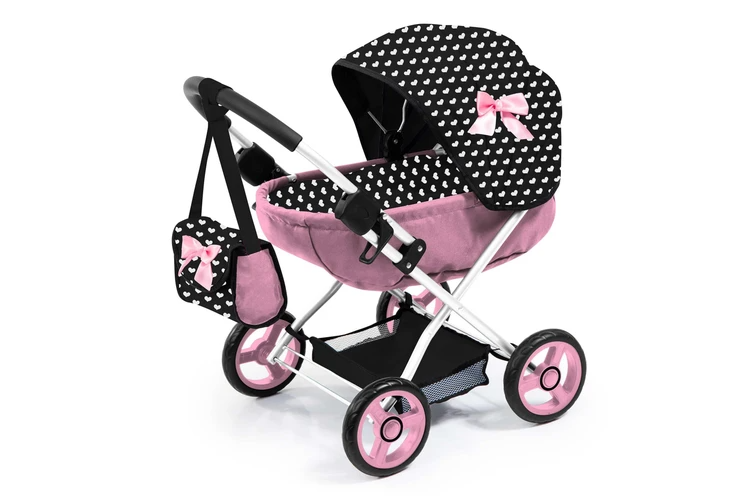 Doll Pram Cosy - Pink With Black And White Love Hearts