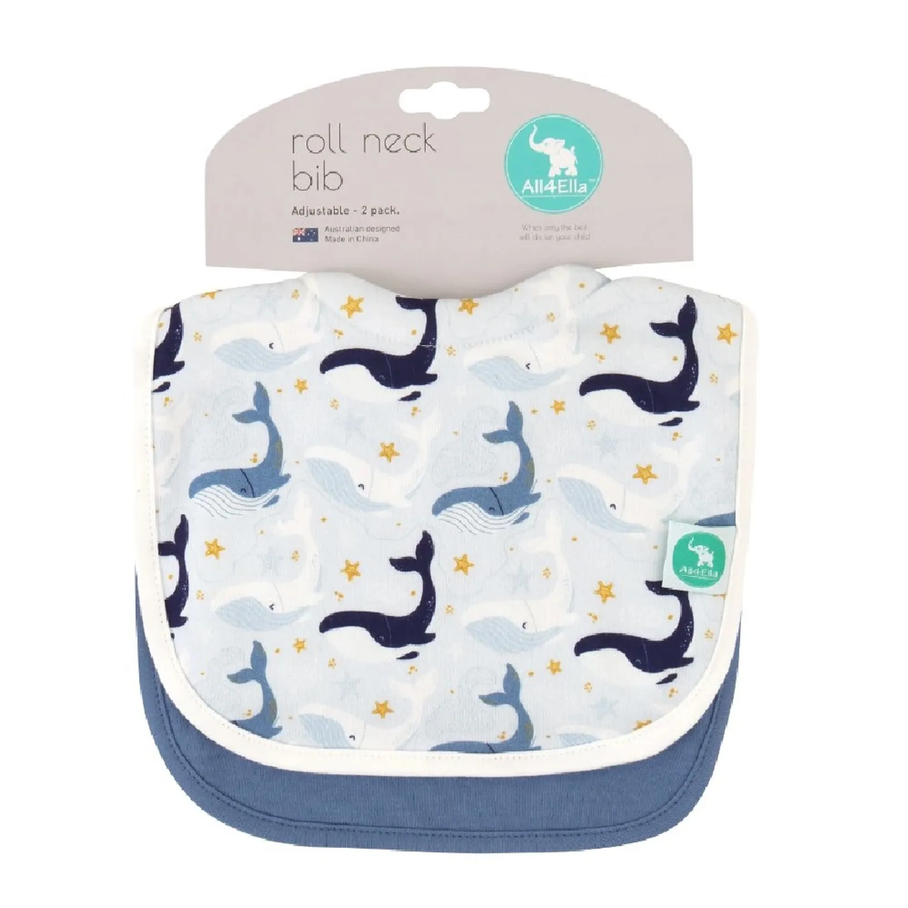 Roll Neck Bib 2pk - Whales