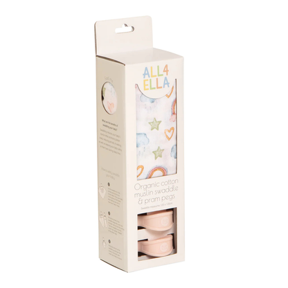 Organic Cotton Muslin Swaddle and Pram Pegs Set - Rainbow Dreams