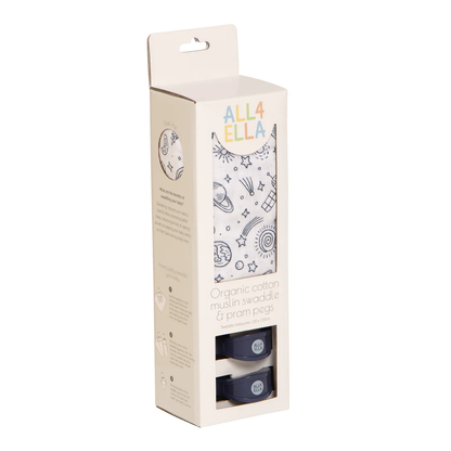 Organic Cotton Muslin Swaddle and Pram Pegs Set - Outer Space