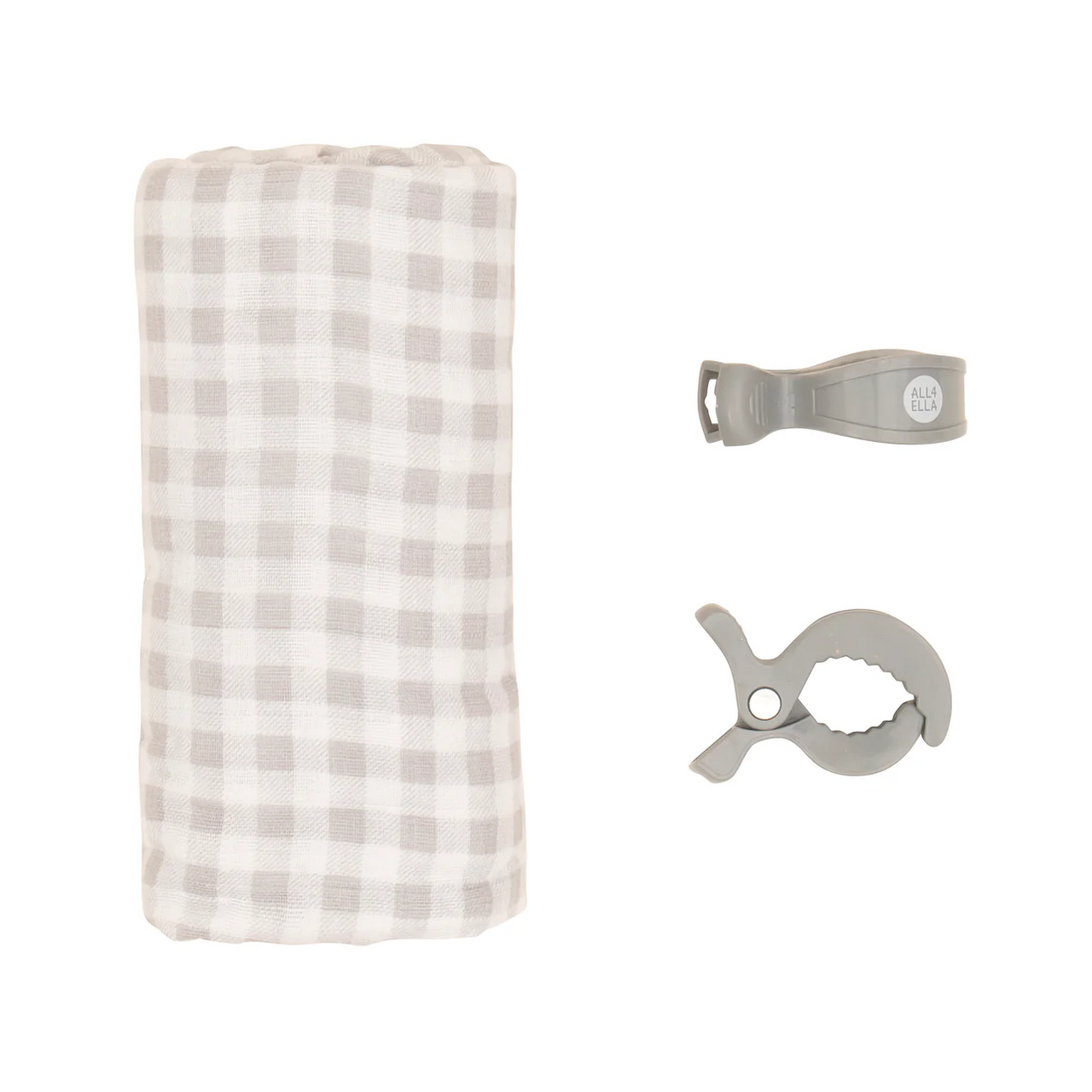 Organic Cotton Muslin Swaddle and Pram Pegs Set - Gingham Grey