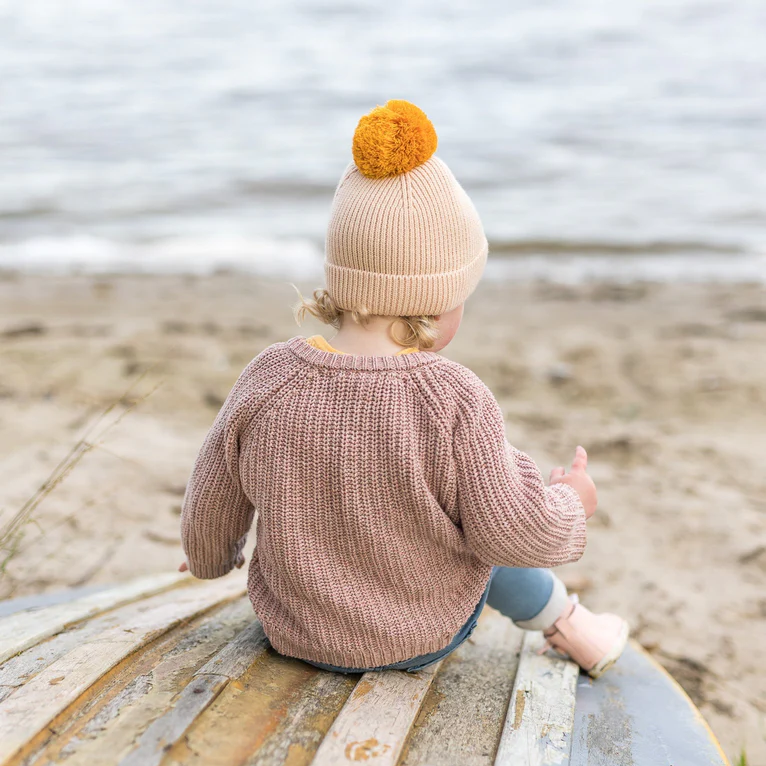 Beanie - Oslo Ribbed Cream with Mustard Pom