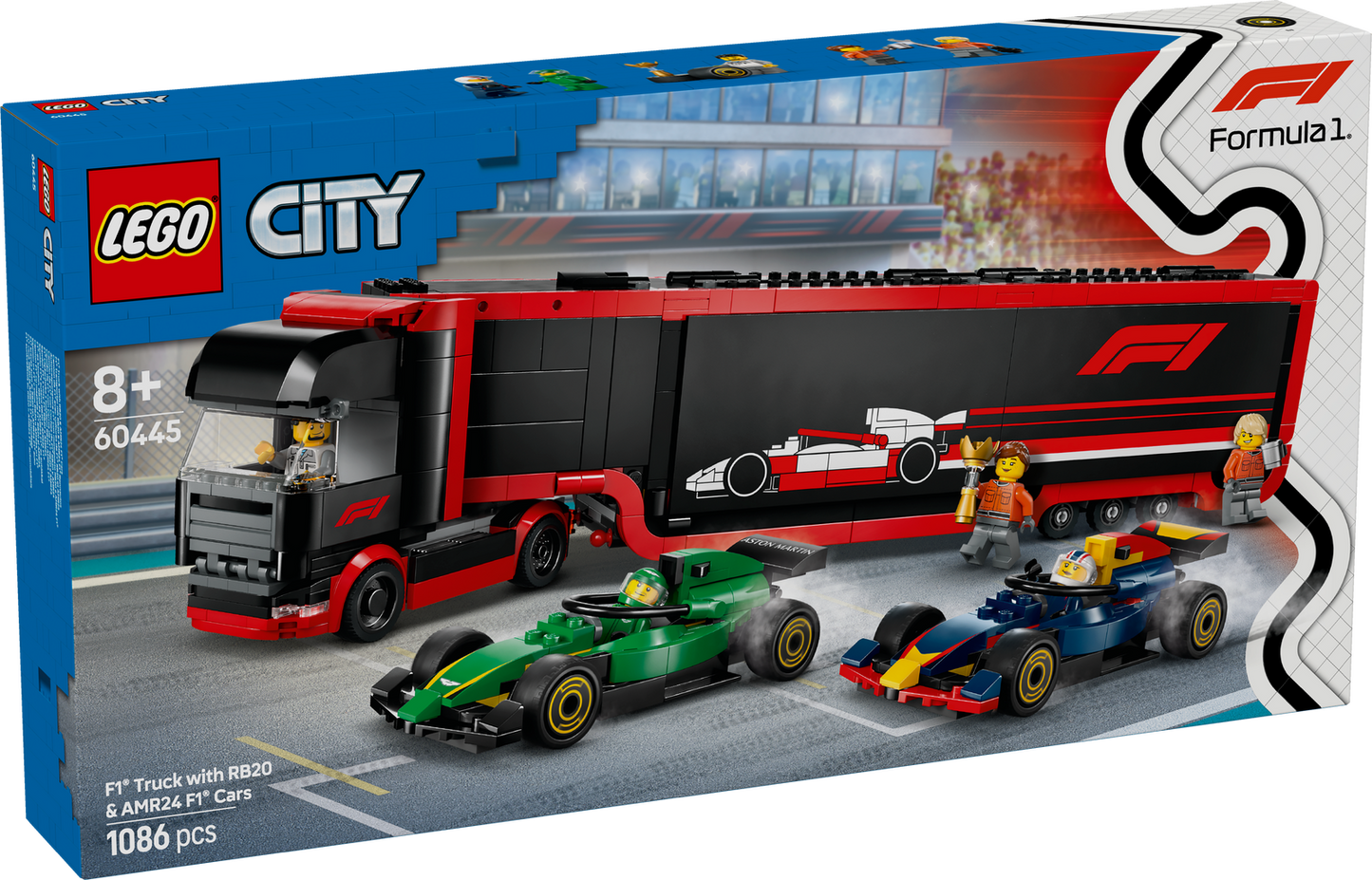 F1 Truck With RB20 & AMR24 F1 Cars Lego 60445