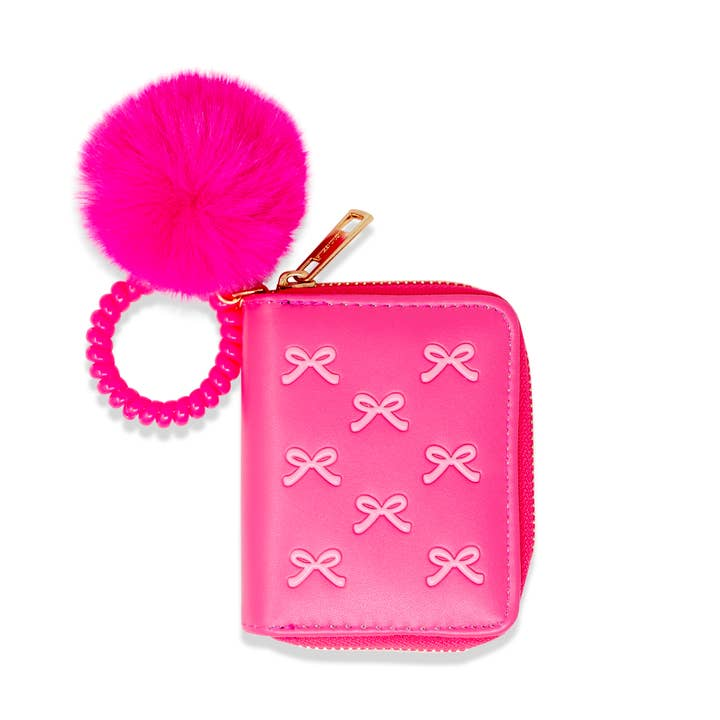3D Bow Pom Pom Zip Wallet - Hot Pink
