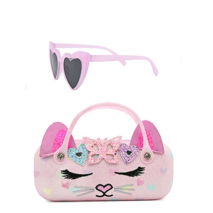 Bella Butterfly Hearts Crown Glitter Case & Sunglasses - Petal