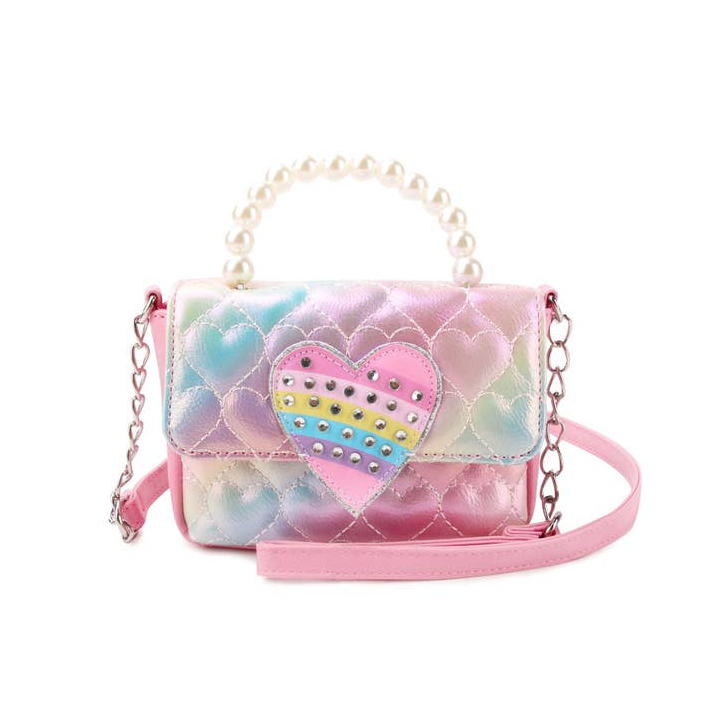 Metallic Heart Quilted Flap Front Crossbody Bag