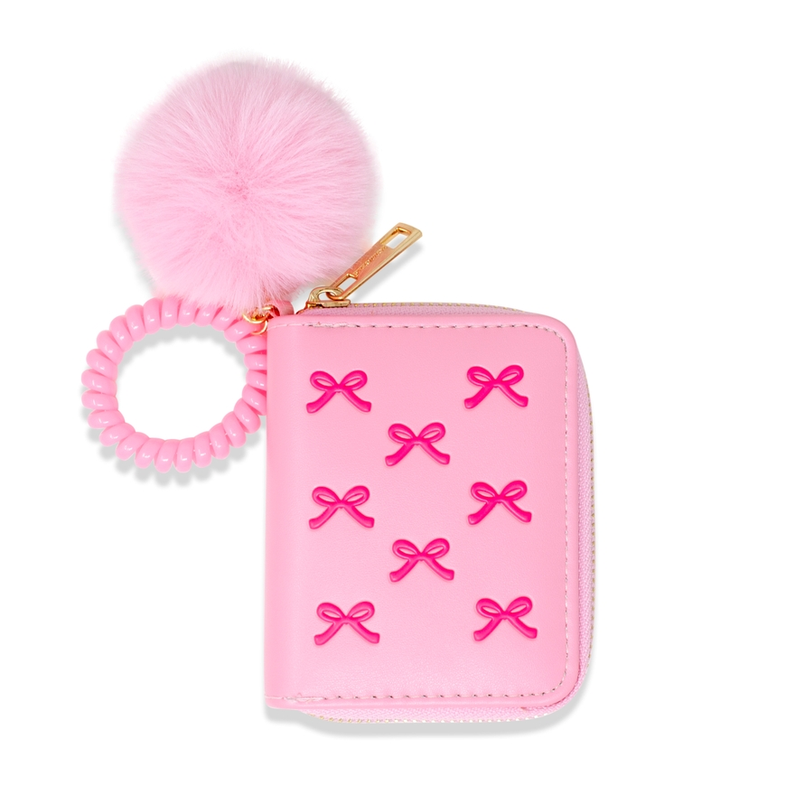 3D Bow Pom Pom Zip Wallet - Pink