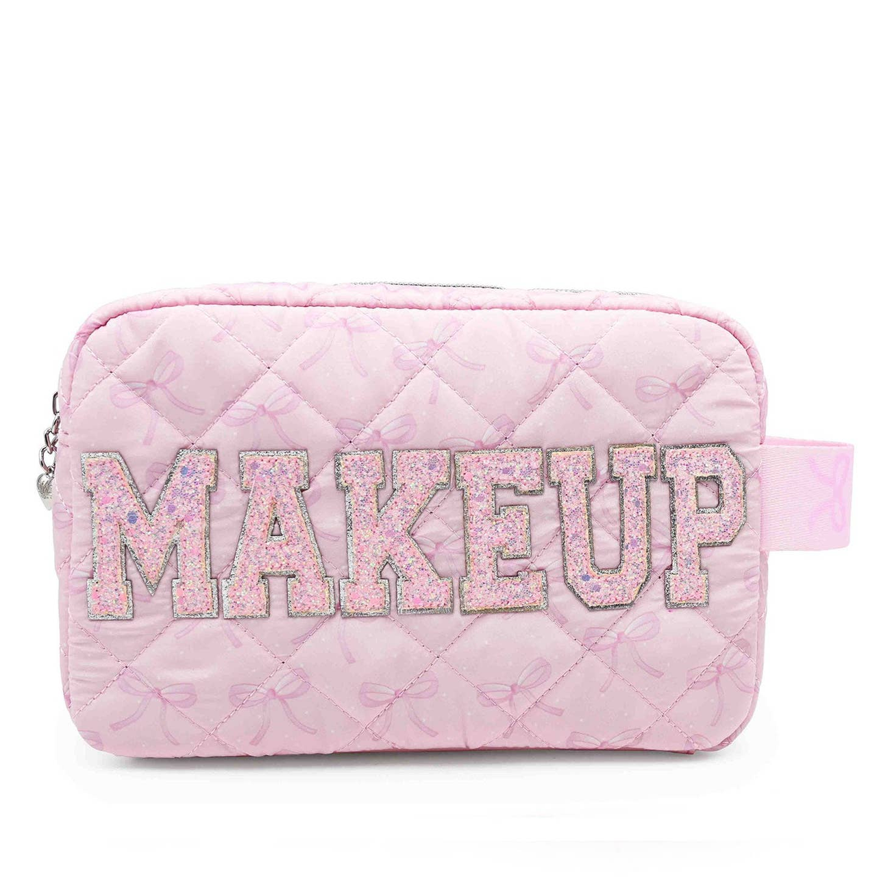 "Makeup" Bow Printed Quilted Pouch - Powder Pink