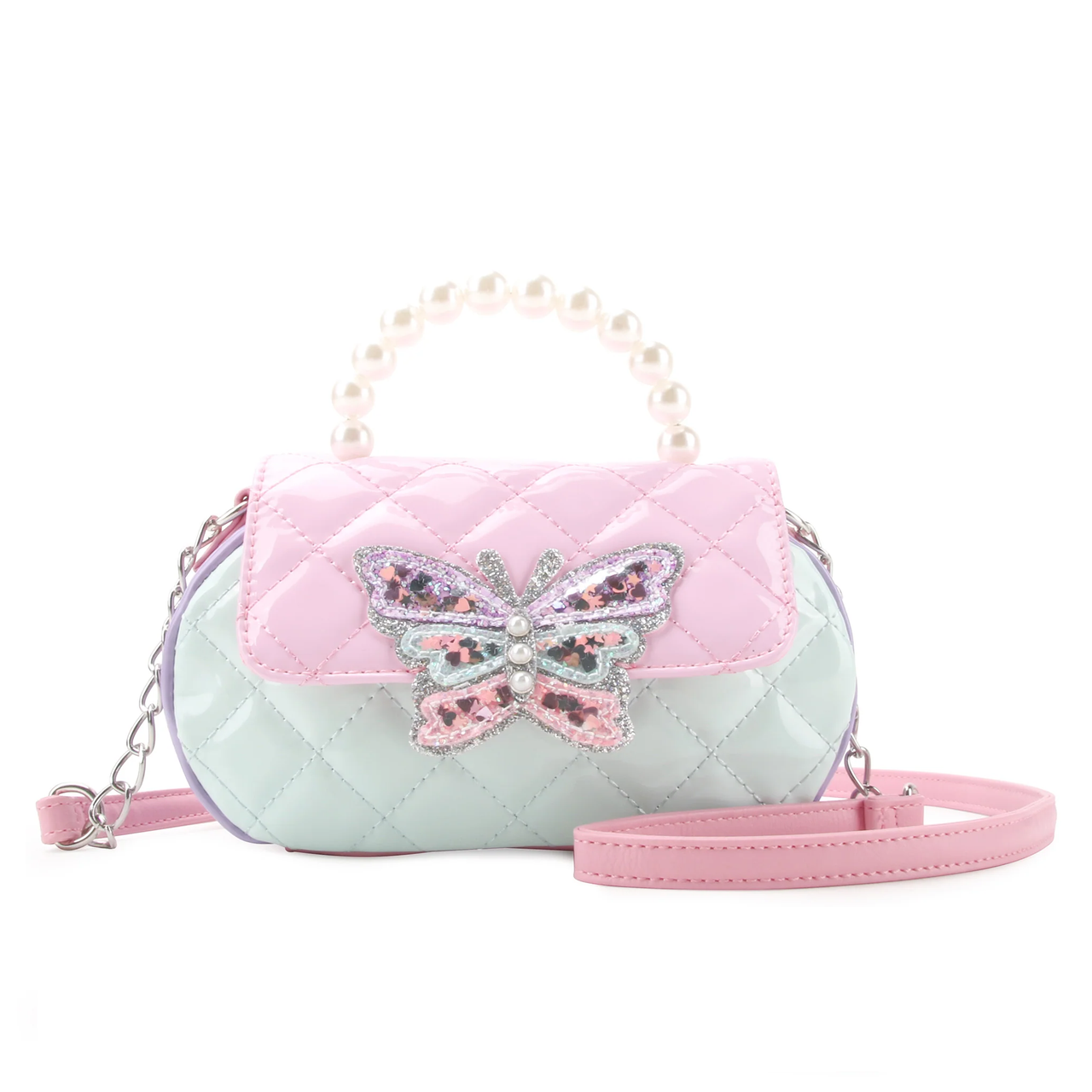 Patent Quilted Butterfly Pearl Handle Cross-Body Bag
