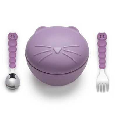 Silicone Animal Bowl with Lid and Utensils - Cat