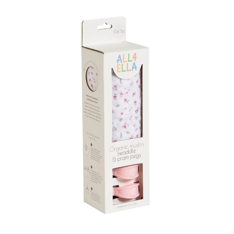 Organic Cotton Muslin Swaddle and Pram Pegs Set - Pink Petals