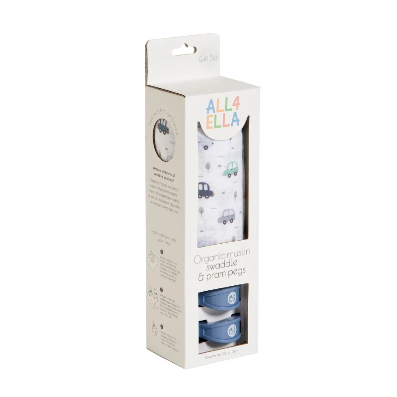 Organic Cotton Muslin Swaddle and Pram Pegs Set - Beep Beep