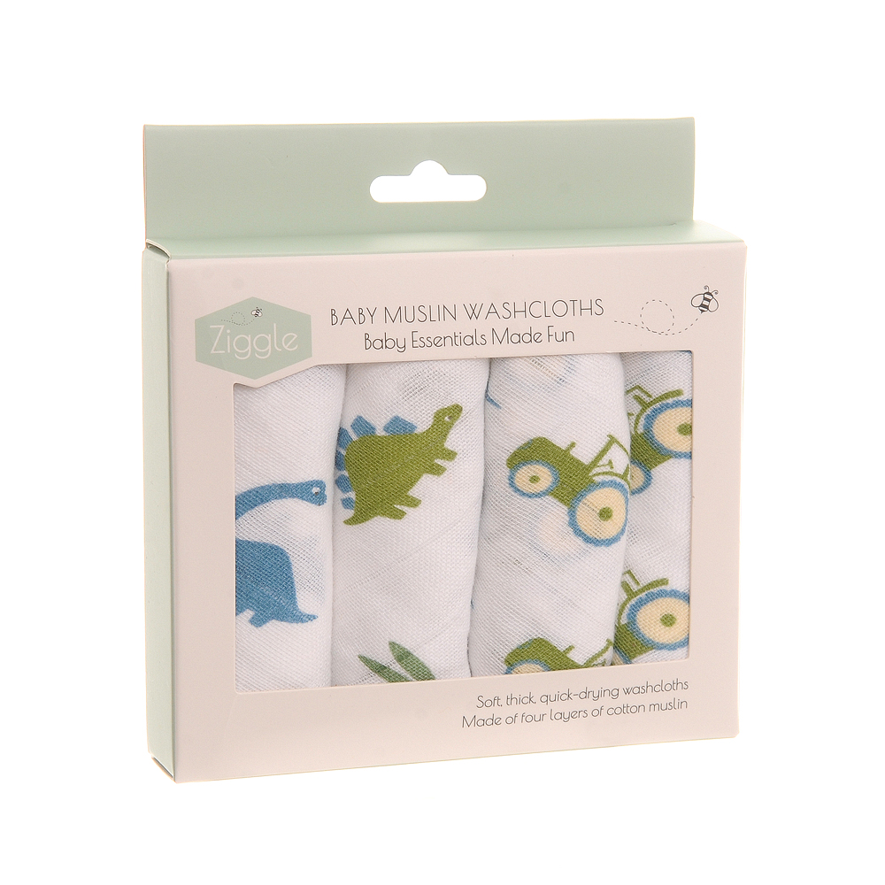 Baby Muslin Washcloth 4 pack - Pastel blues (dino & tractor)