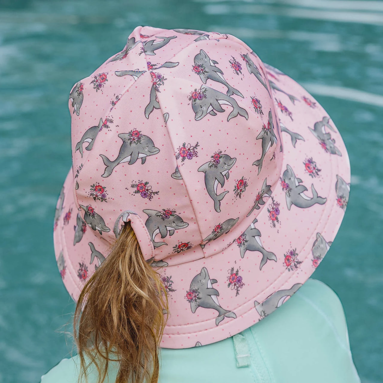 Ponytail Swim Bucket Beach Hat - Dolphin