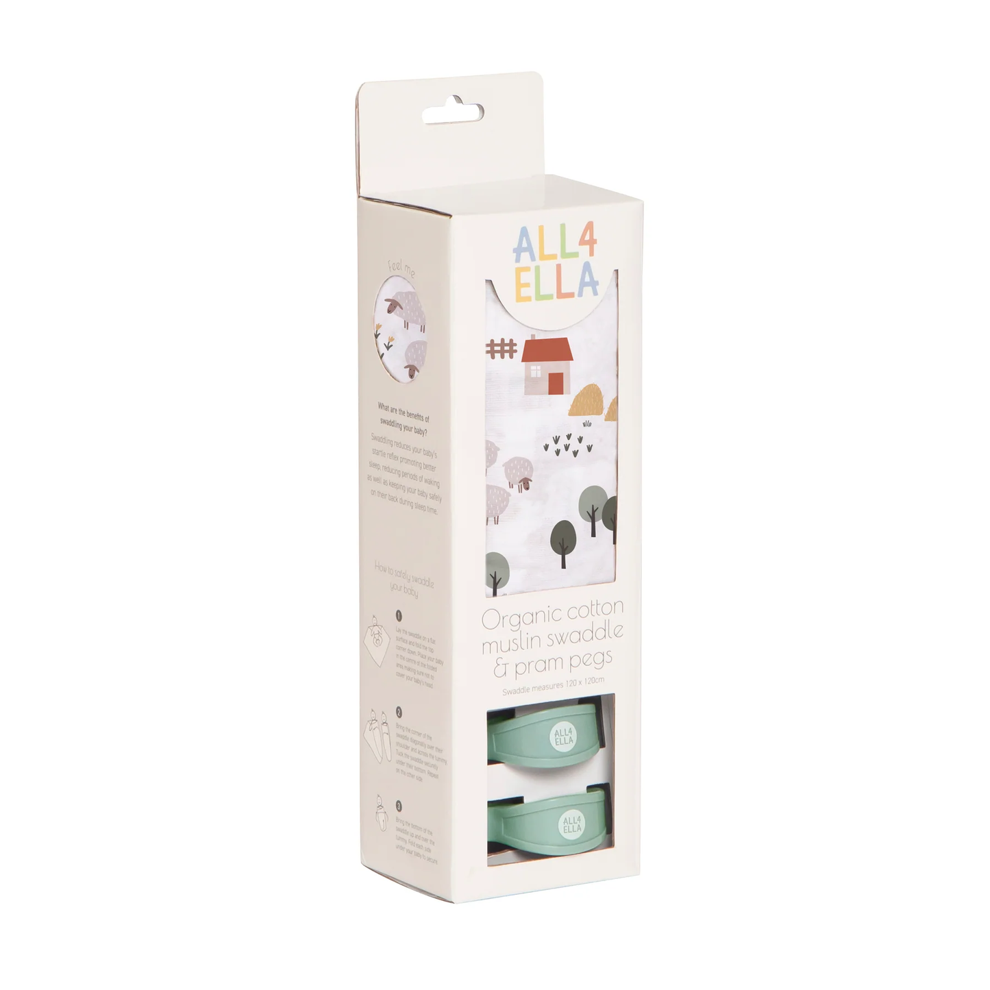 Organic Cotton Muslin Swaddles and Pram Pegs Set - Barnyard