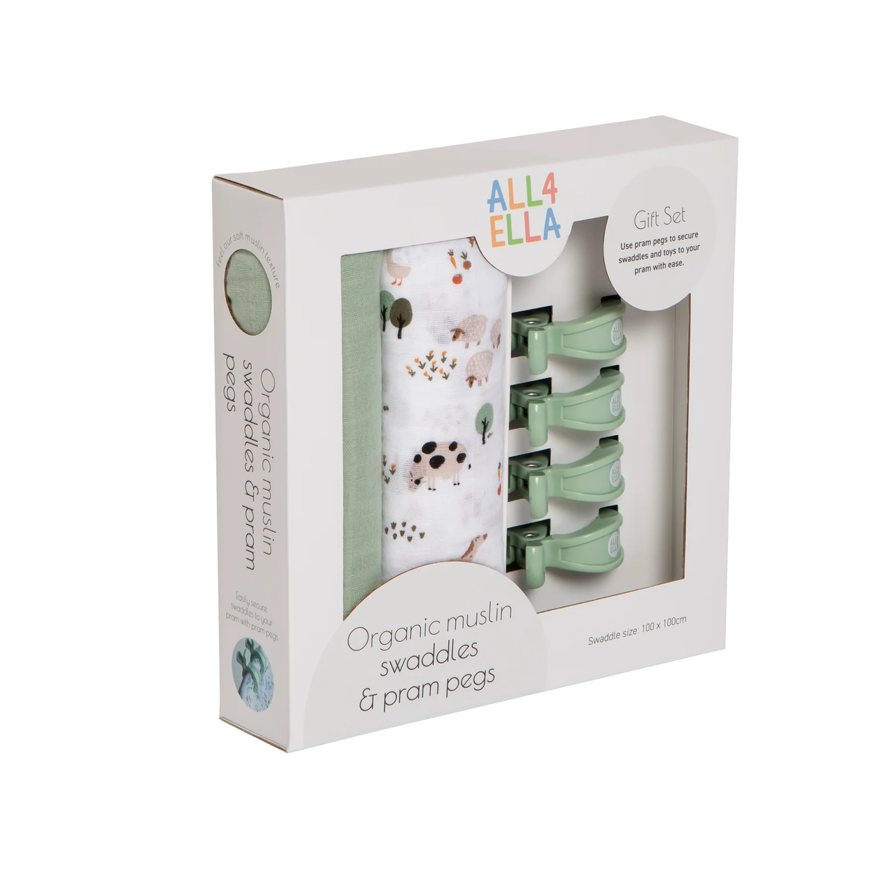 Gift Set - 2 Swaddles & 4 Pram Pegs - Country Farm