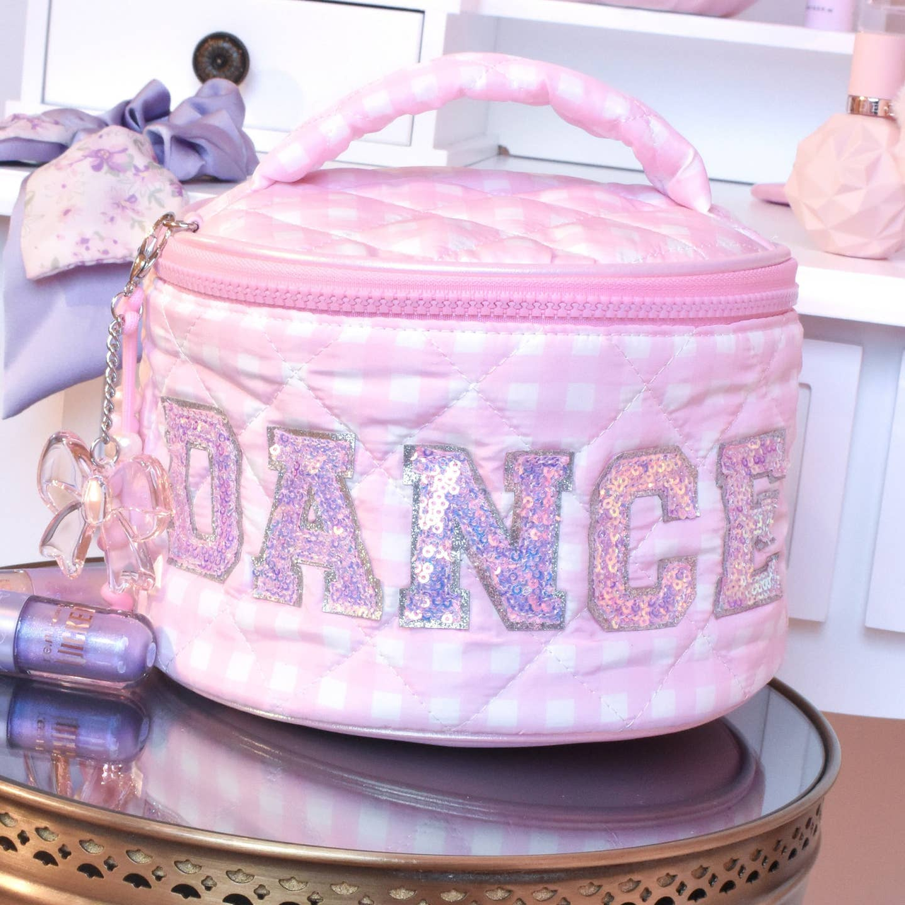 "Dance" Quilted Gingham Round Glam Bag with Charm