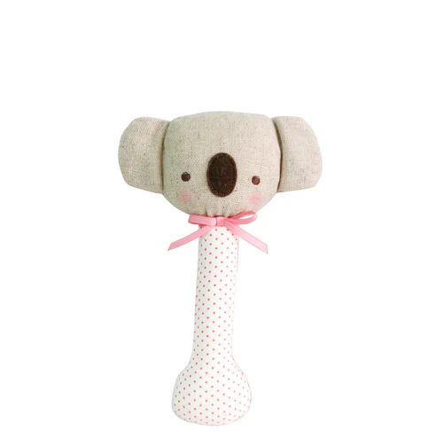 Baby Koala Stick Rattle - Spot Pink on Ivory