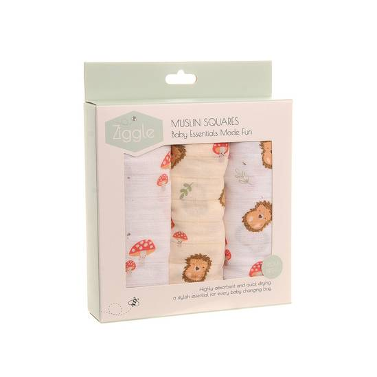Muslin Squares  3 pack - Hedgehog & Mushrooms