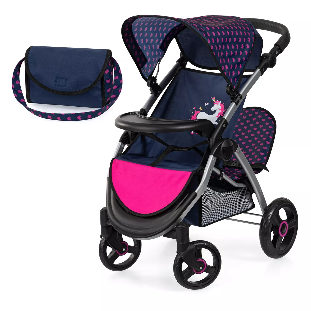 Bayer Doll Pram Twin Star - Blue with Pink Hearts and Unicorn