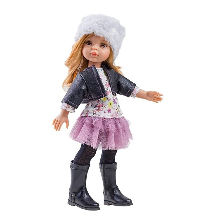 Dolls Clothes - 32cm Dark Jacket with Pink Skirt & Grey Plush Wrap