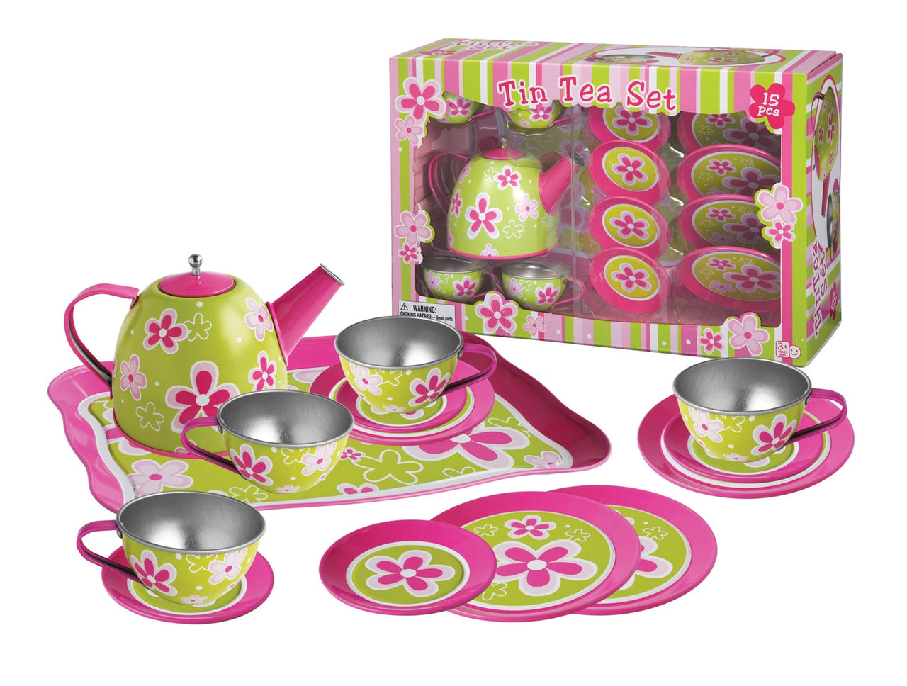 Tin Tea Set - Lime Daisy Flowers