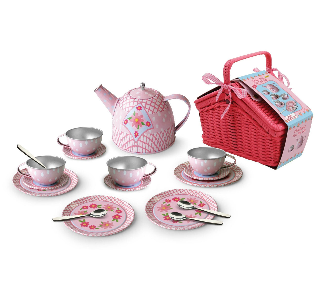 Floral Tin Tea Set in Picnic Basket