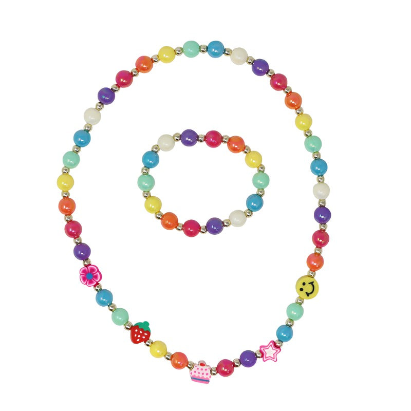 Rainbow Smiley Face & Fruit Necklace & Bracelet Set